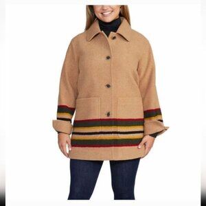 Pendleton Coat Womens Wool Topper Camel Stripe Lined Flip Back Cuff NWT